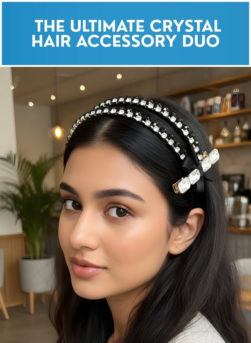 طوق رأس مرصع بالكريستال للنساء مع مشابك شعر متناسقة - طقم إكسسوارات شعر مرصع بأحجار الراين لحفلات الزفاف والمناسبات الاحتفالية، طوق شعر فاخر مرصع بالأحجار لحفلات الزفاف والحفلات والمناسبات الاحتفالية - Image 3